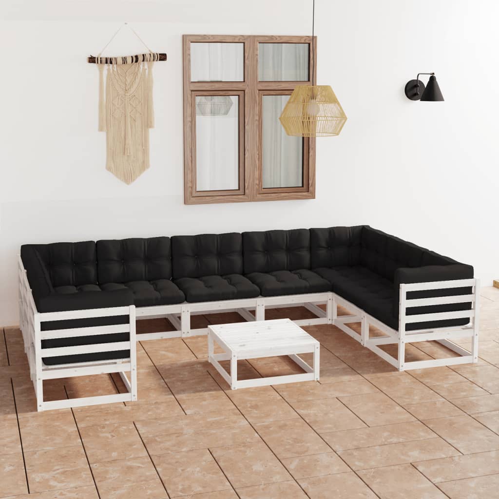 10-tlg. Garten-Lounge-Set mit Kissen Weiss Massivholz Kiefer